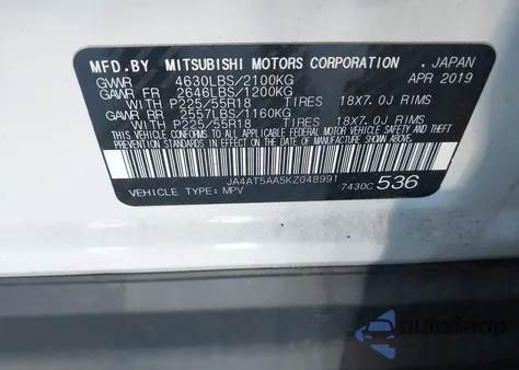 2019 Mitsubishi Eclipse Cross Sel z USA, uszkodzony, nr VIN JA4AT5AA5KZ048991